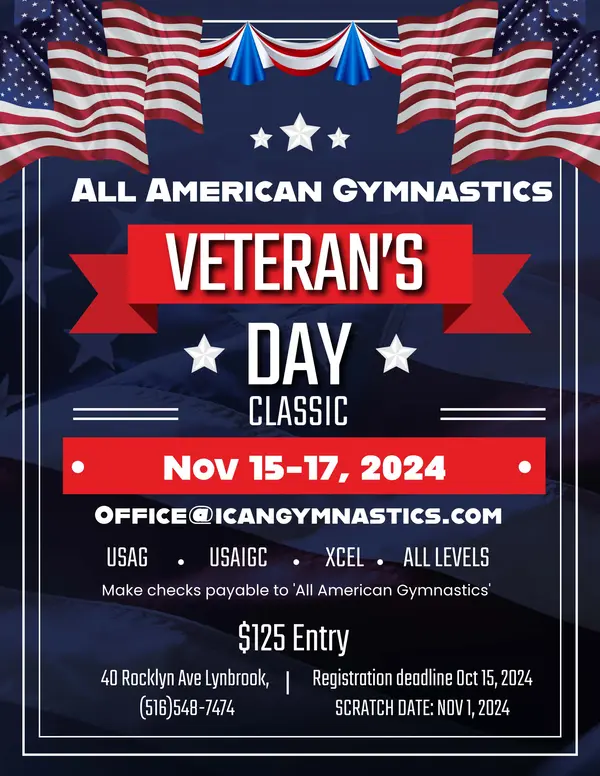 Flyer for 2024 Veterans Day Gymnastics Competition at All American Gymnastics Lynbrook NY