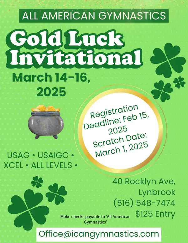 Flyer for 2025 Gold Luck Invitational Gymnastics Competition at All American Gymnastics Lynbrook NY