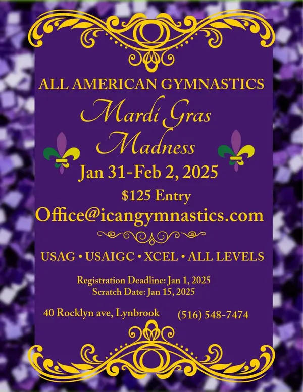 Flyer for 2025 Mardi Gras Madness Gymnastics Competition at All American Gymnastics Lynbrook NY