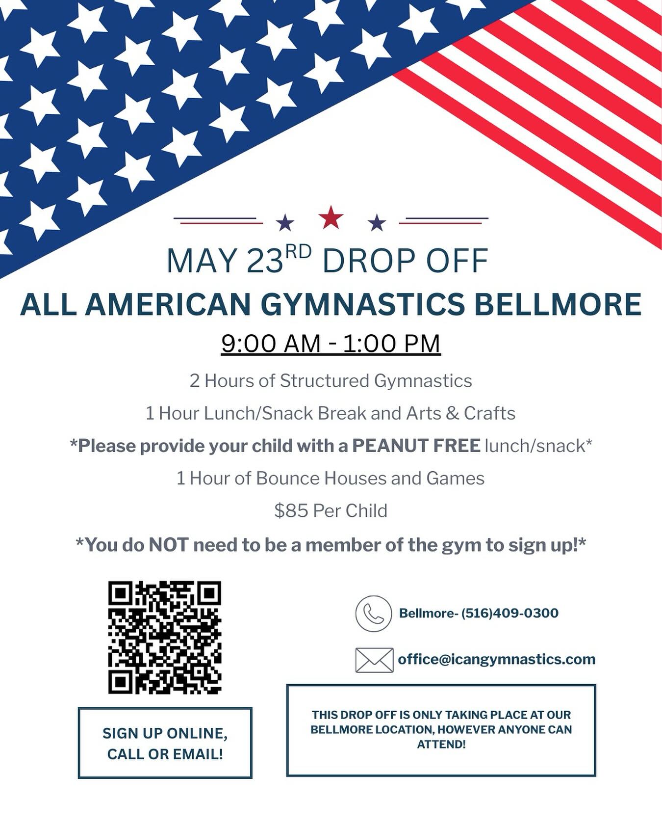 Join us for a special 4-hour drop-off on May 23rd, from 9 AM – 1 PM at our Bellmore location ONLY! Open to everyone — just sign up in advance via icangymnastics.com, call us at (516)409-0300, or email office@icangymnastics.com to reserve your spot!