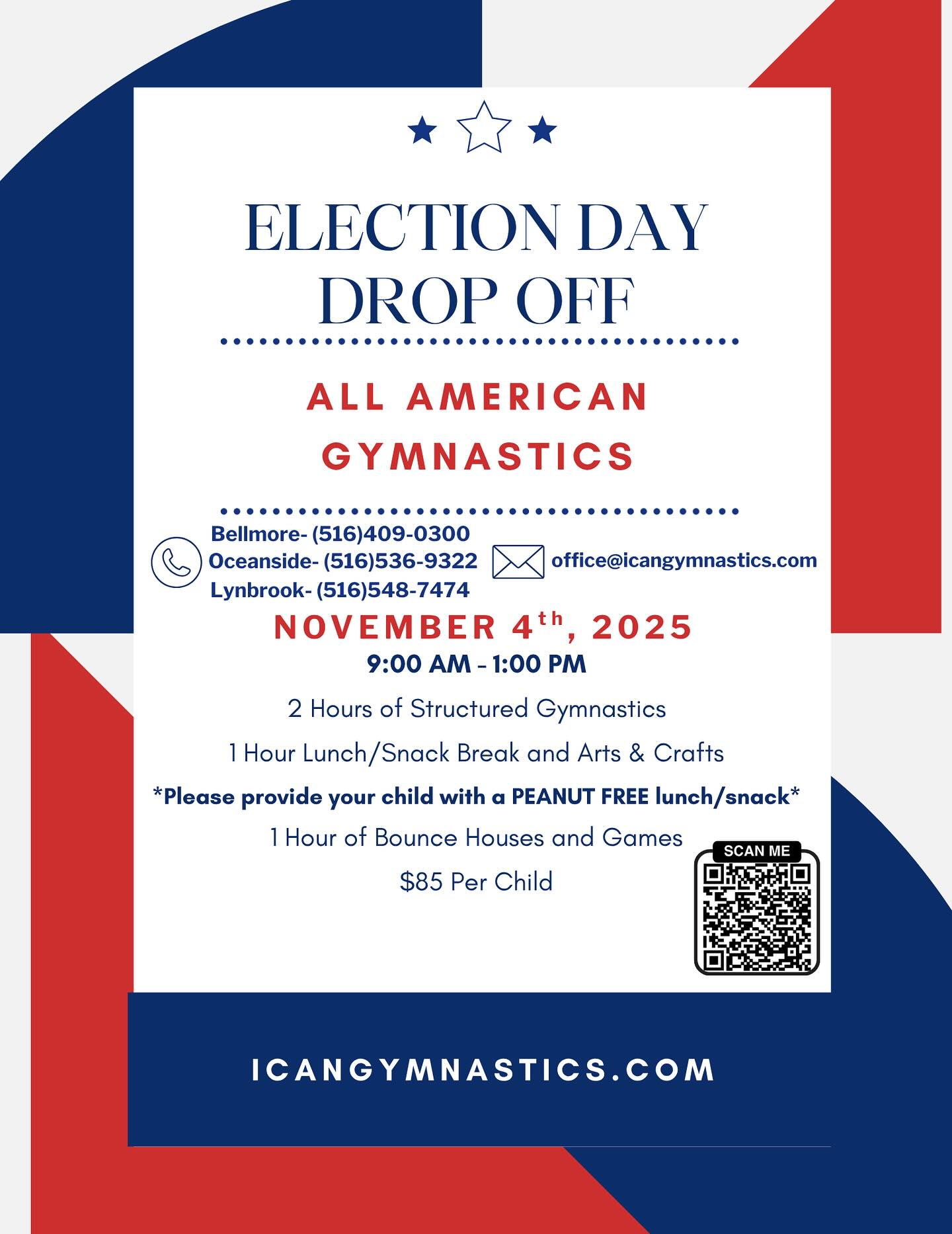 Kids off from school? No problem! Send them to one of our three locations for our drop off event on November 4th! Sign up today at icangymnastics.com
