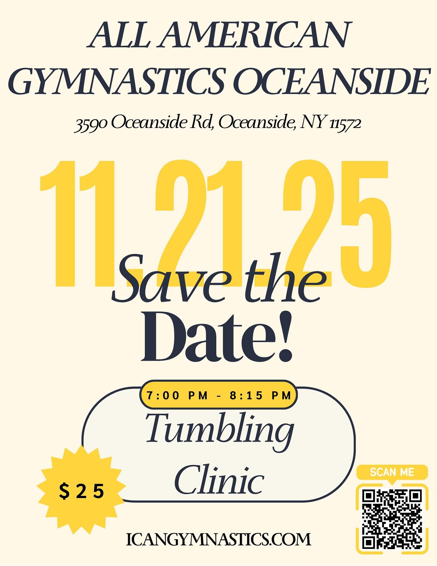 Ready to flip, twist, and tumble? Register now for our Tumbling Clinic in Oceanside on 11/21/25! Spots are limited, don’t miss out!