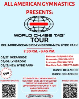 We’re so excited to present an interactive and fun World Chase Tag tour across all four of our locations! Check out our event calendar at icangymnastics.com to register!