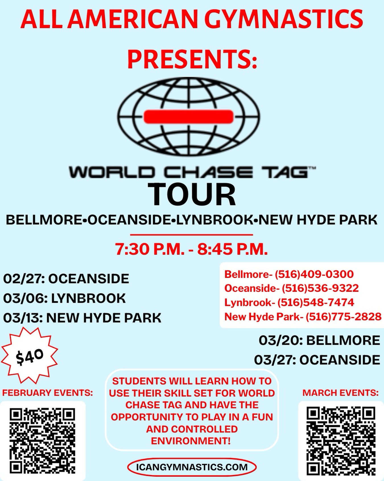 We’re so excited to present an interactive and fun World Chase Tag tour across all four of our locations! Check out our event calendar at icangymnastics.com to register!