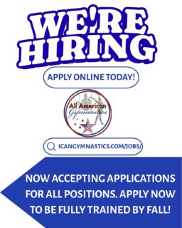 Be a part of our team by applying for a position at All American Gymnastics today! Visit us at icangymnastics.com/jobs/ for more information and to begin the application process