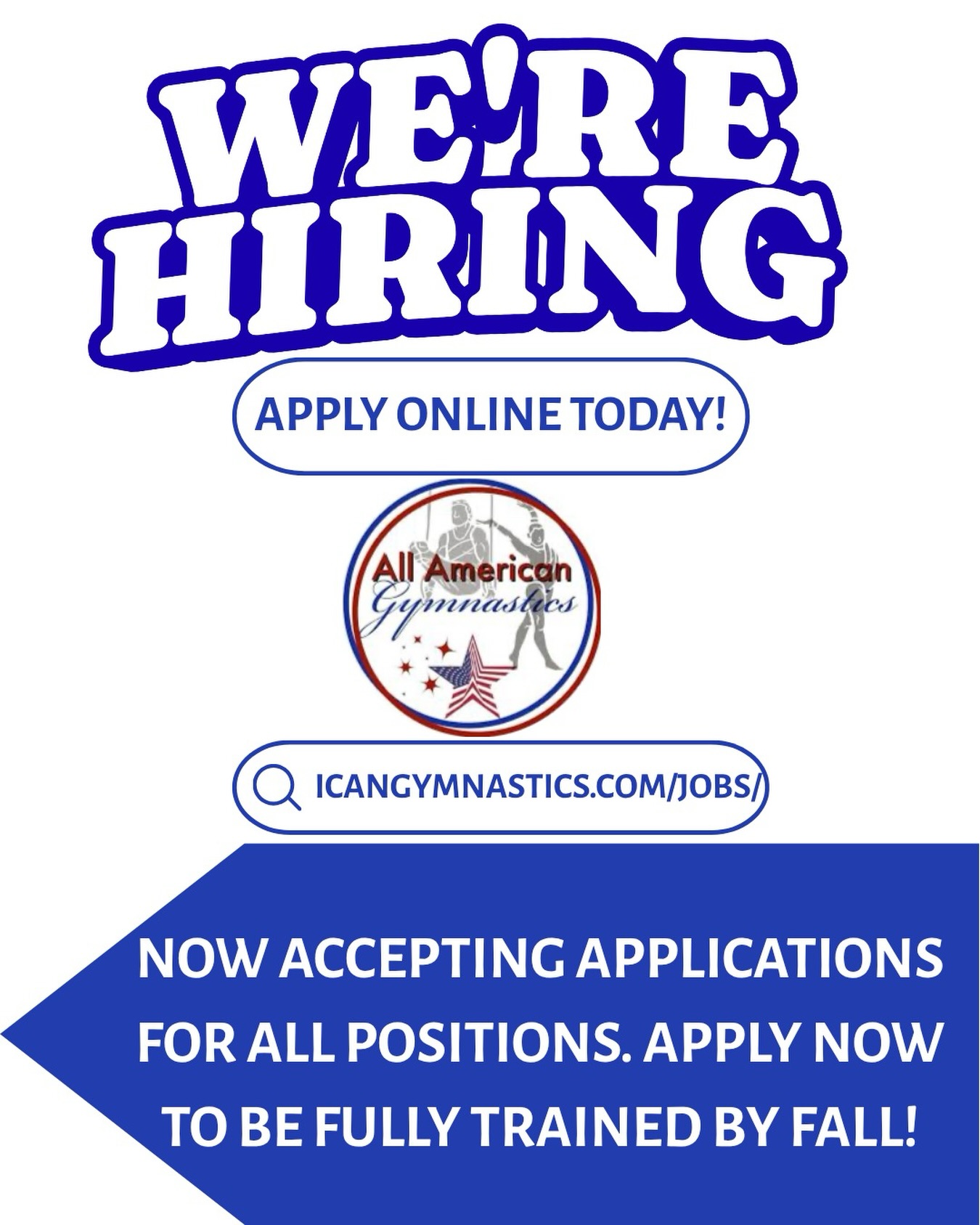 Be a part of our team by applying for a position at All American Gymnastics today! Visit us at icangymnastics.com/jobs/ for more information and to begin the application process