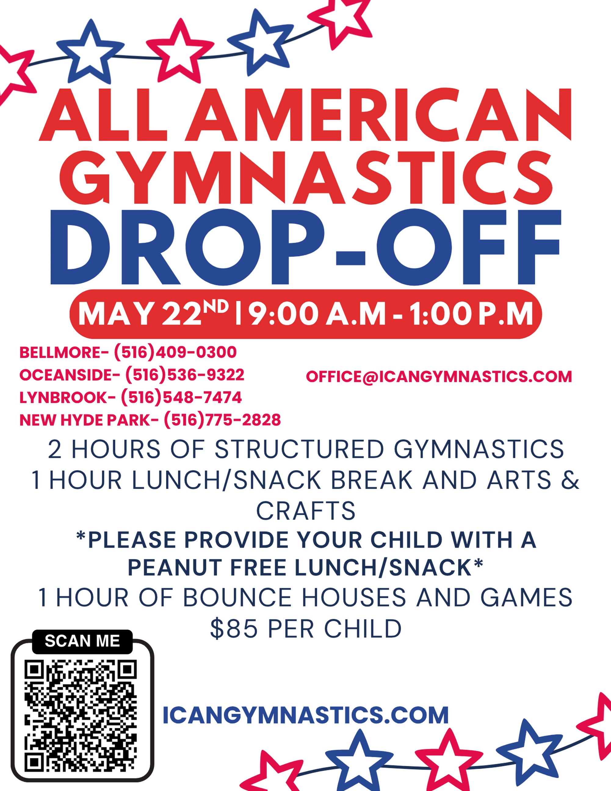 Register online today at icangymnastics.com , and don’t forget to check out our summer drop-off schedules!