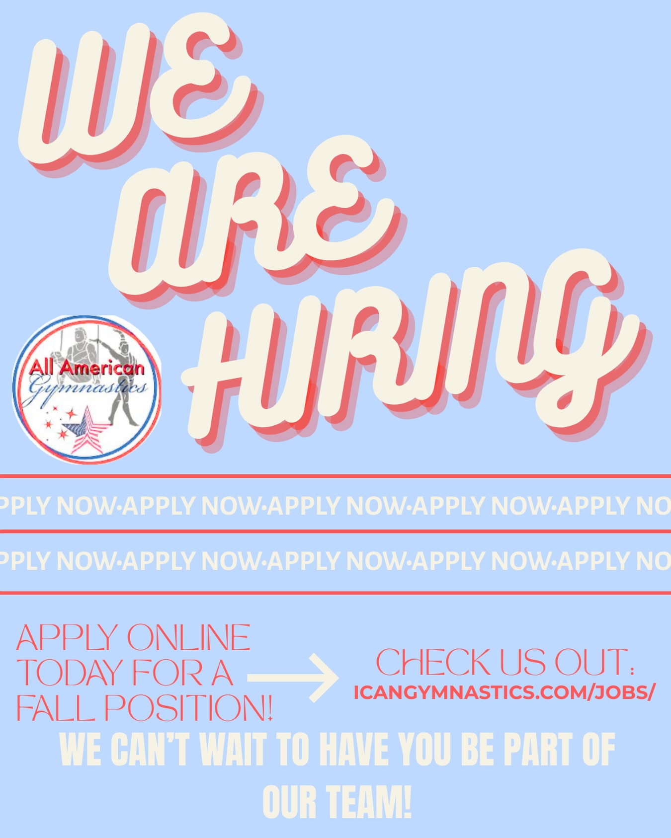 Check us out online at icangymnastics.com/jobs/ to apply for a fall position!